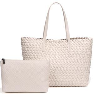 Large Capacity Shoulder Handbag Woven Leather Tote Bag With Matching Pouch T_T